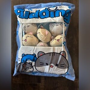 Plush Kitty Cats in Stuffed Pillow Snack Bag 6 Cats and Plush Zipper Bag 15”